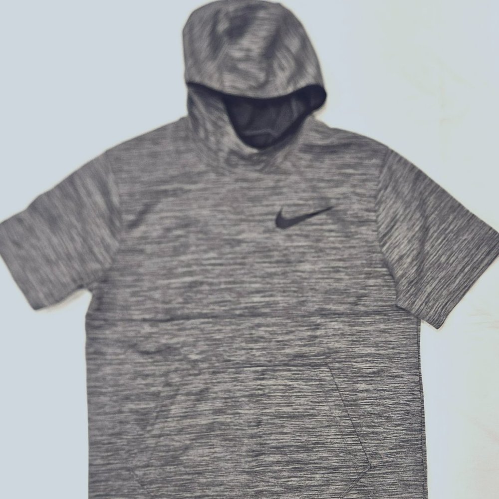 NIKE SHORT SLEEVE BASKETBALL HOODIE DRI FIT HEATHER GREY BLACK EUC LARGE